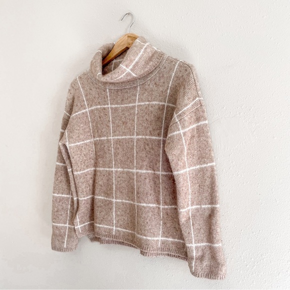Madewell | Windowpane Wool Blend Neutral Turtleneck Sweater - Picture 3 of 14